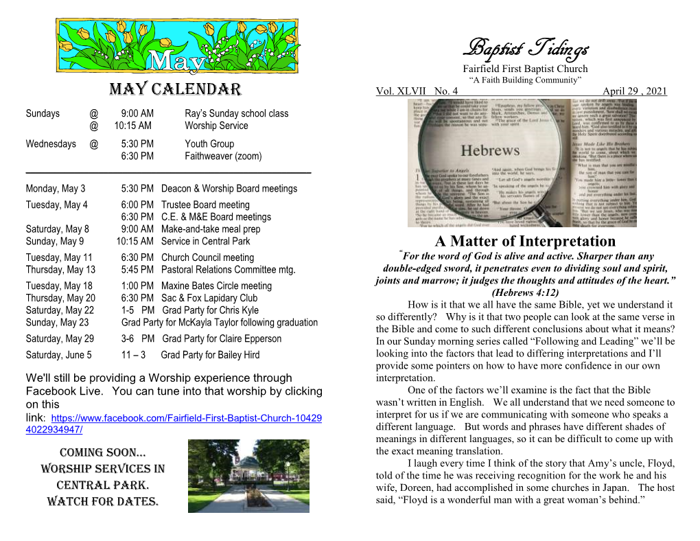 Baptist Tidings Fairfield First Baptist Church “A Faith Building Community” May Calendar Vol