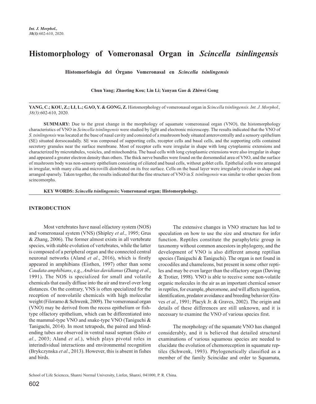 Histomorphology of Vomeronasal Organ in Scincella Tsinlingensis