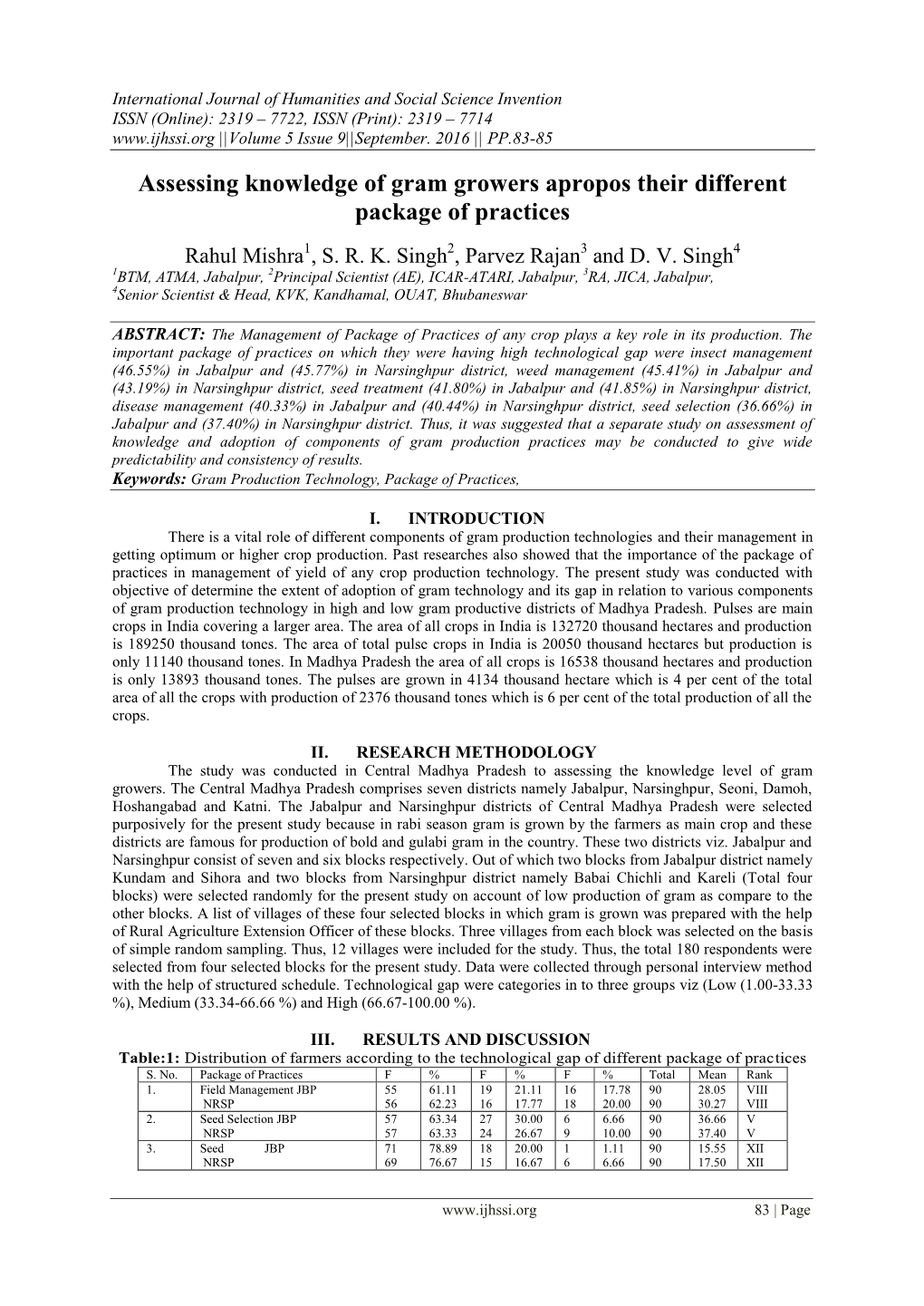 Assessing Knowledge of Gram Growers Apropos Their Different Package of Practices