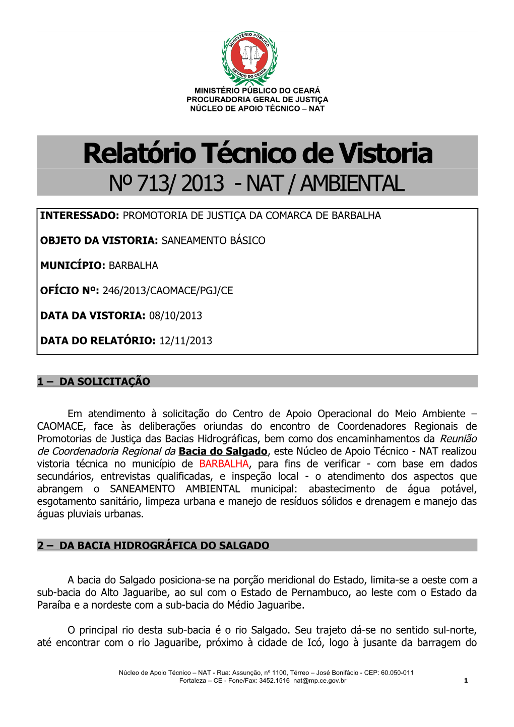 Relatório De Vistoria Nº713/2013, Saneamento Ambiental De Barbalha