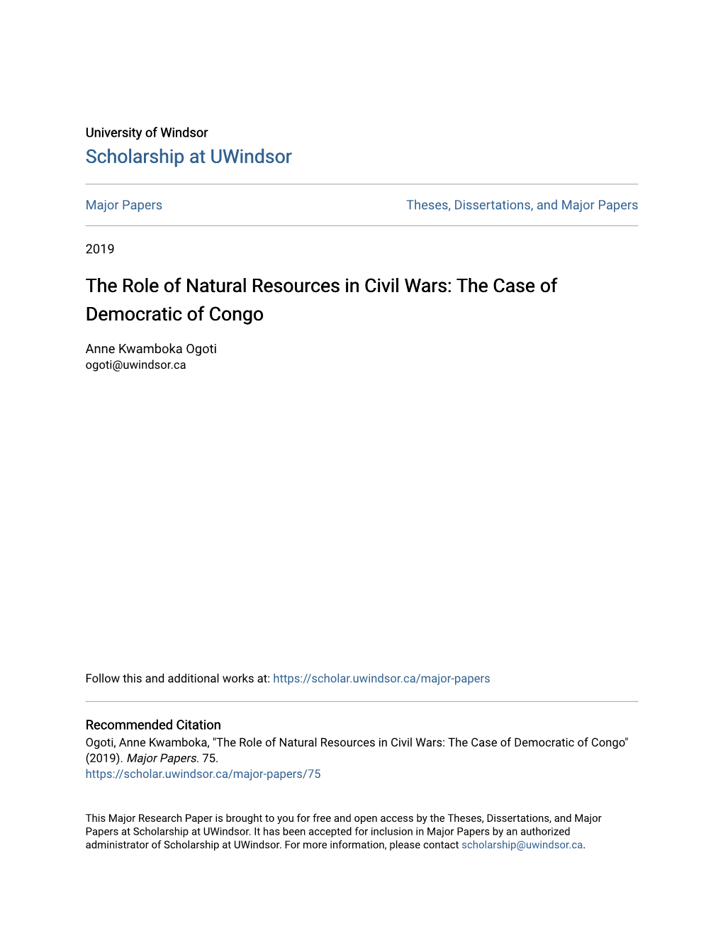 The Role of Natural Resources in Civil Wars: the Case of Democratic of Congo