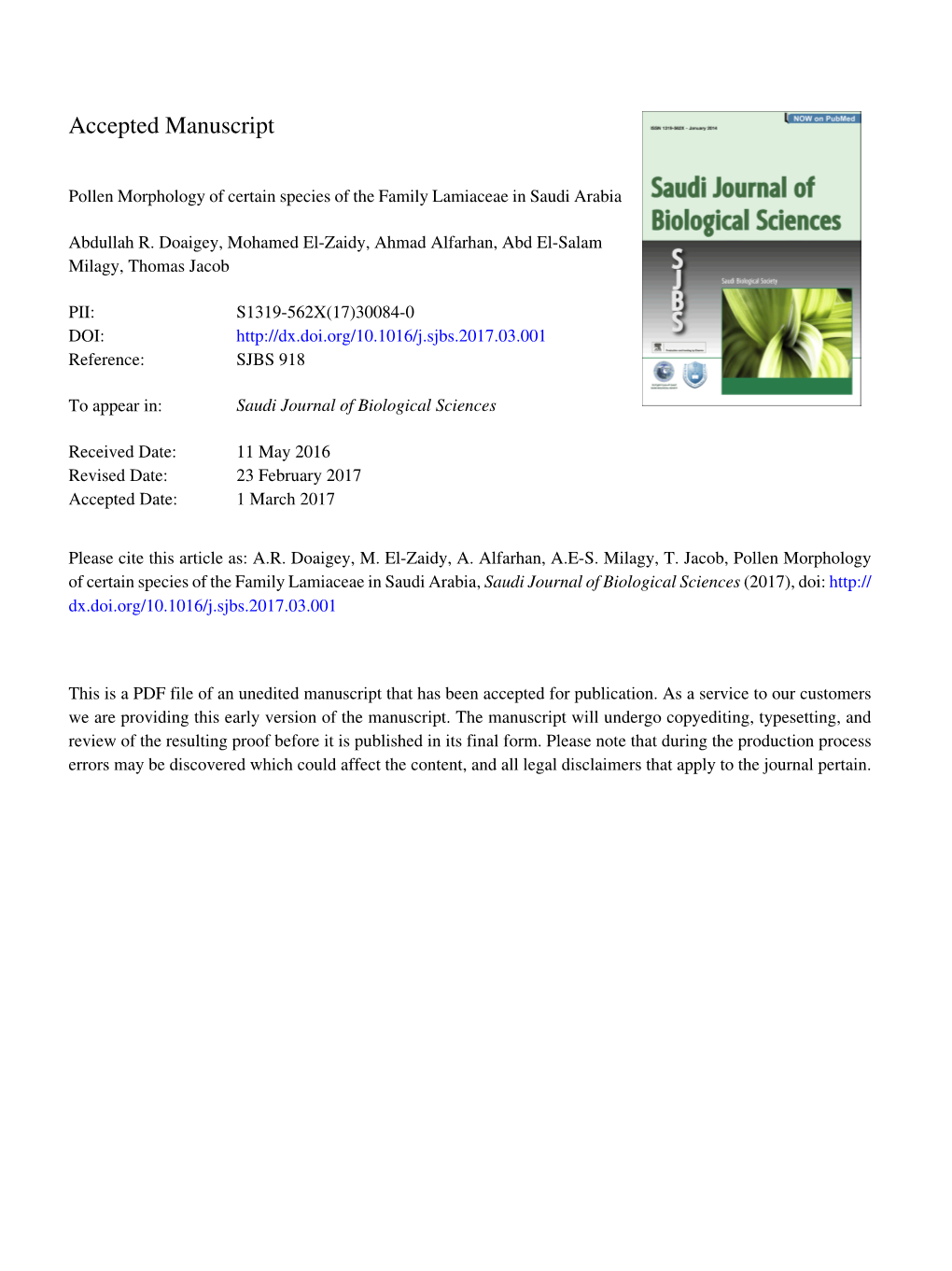 Pollen Morphology of Certain Species of the Family Lamiaceae in Saudi Arabia