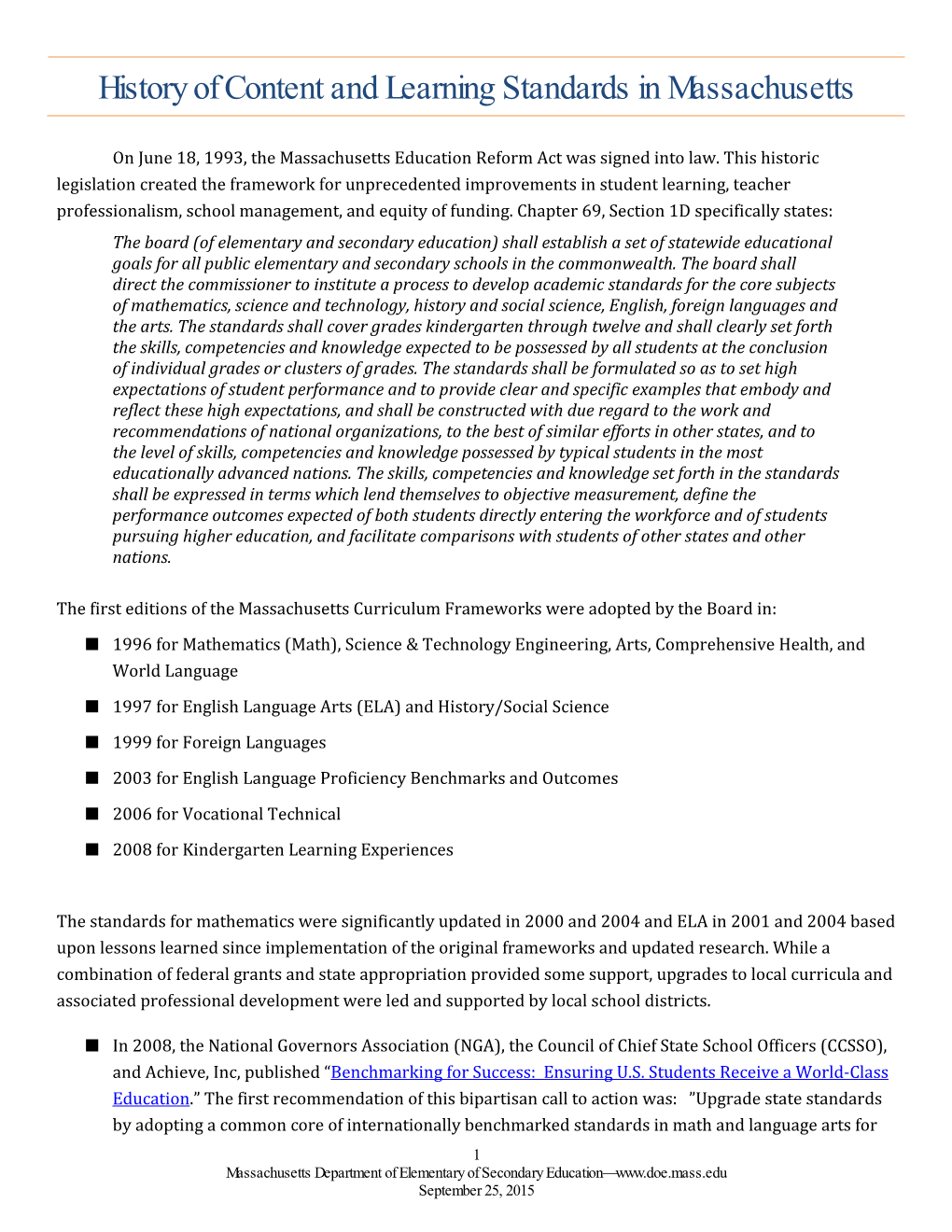 History of Content and Learning Standards in Massachusetts