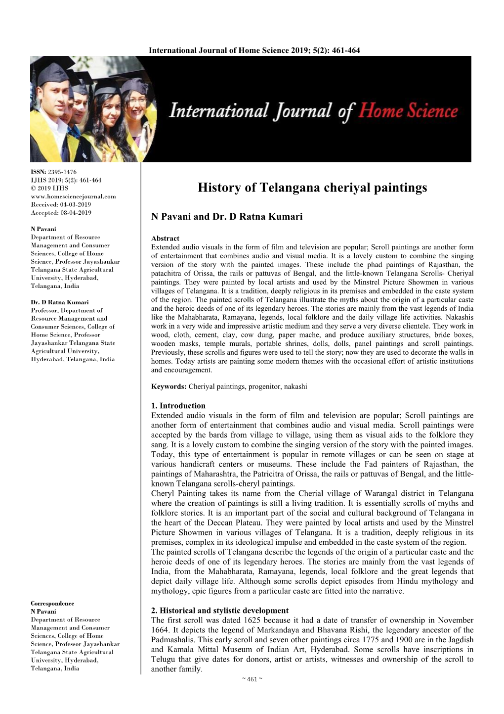 History of Telangana Cheriyal Paintings Received: 04-03-2019 Accepted: 08-04-2019 N Pavani and Dr