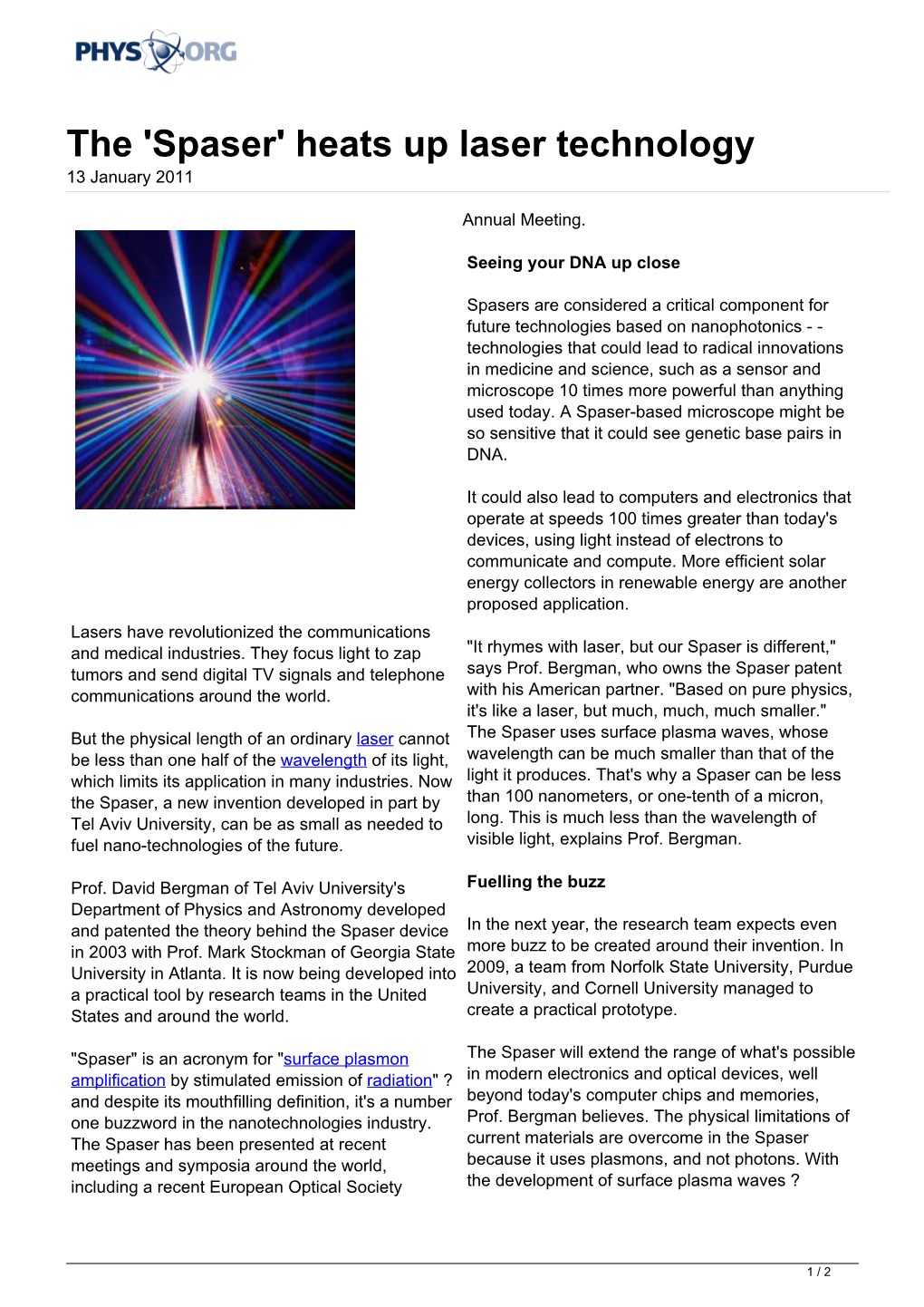 The 'Spaser' Heats up Laser Technology 13 January 2011