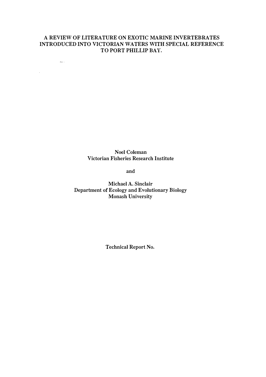 A Review of Literature on Exotic Marine Invertebrates Introduced Into Victorian Waters with Special Reference to Port Phillip Bay