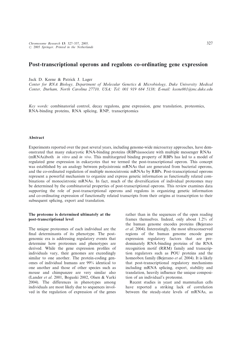 Post-Transcriptional Operons and Regulons Co-Ordinating Gene Expression