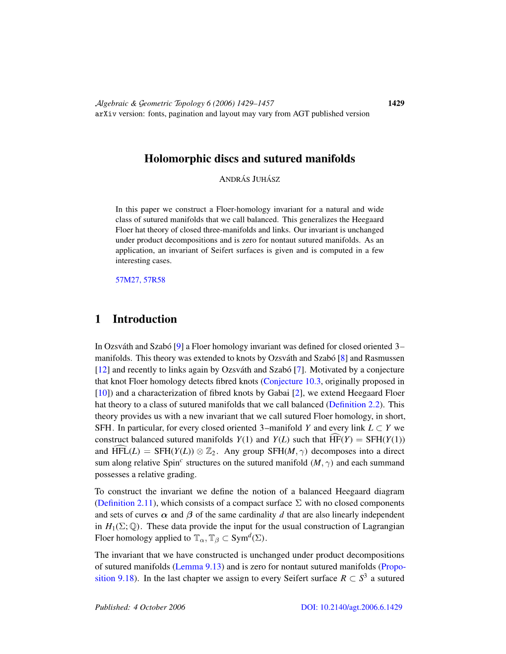 Holomorphic Discs and Sutured Manifolds 1 Introduction