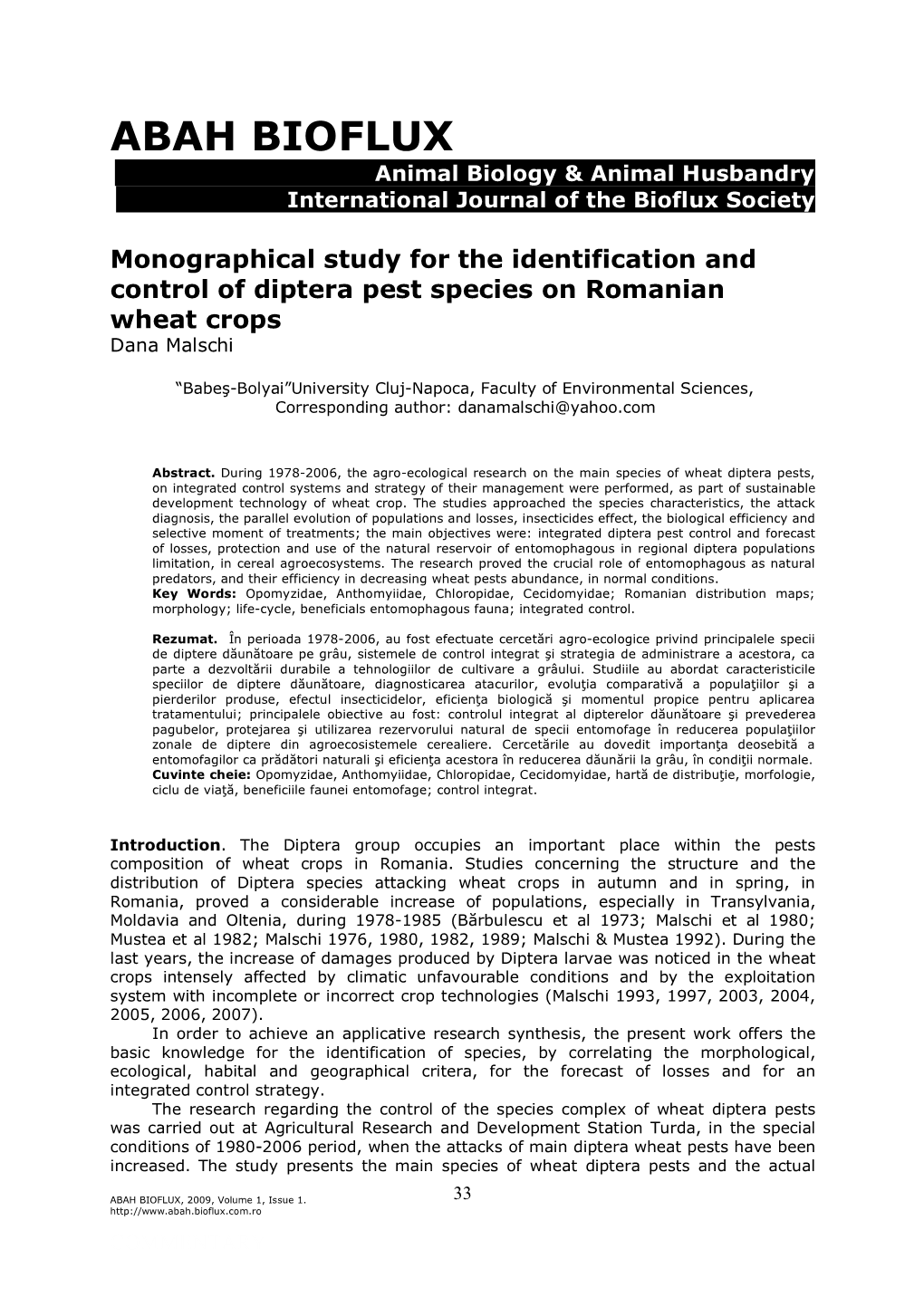 Malschi D., 2009 Monographical Study for the Identification and Control of Diptera Pest Species on Romanian Wheat Crops