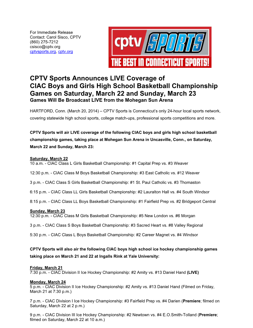 CPTV Sports Announces LIVE Coverage of CIAC Boys and Girls