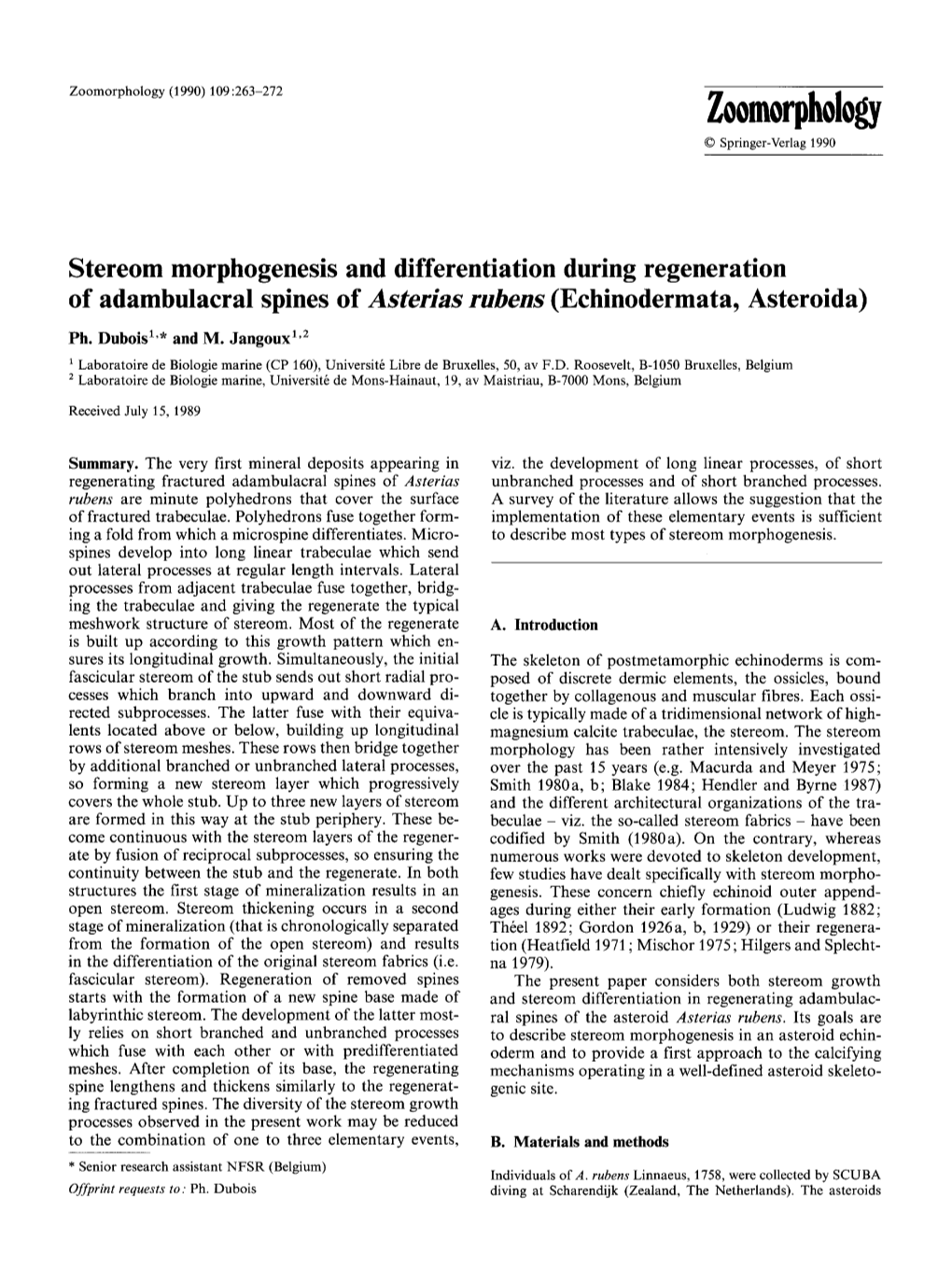 Stereom Morphogenesis and Differentiation During Regeneration of Adambulacral Spines of Asterias Rubens (Echinodermata, Asteroida)