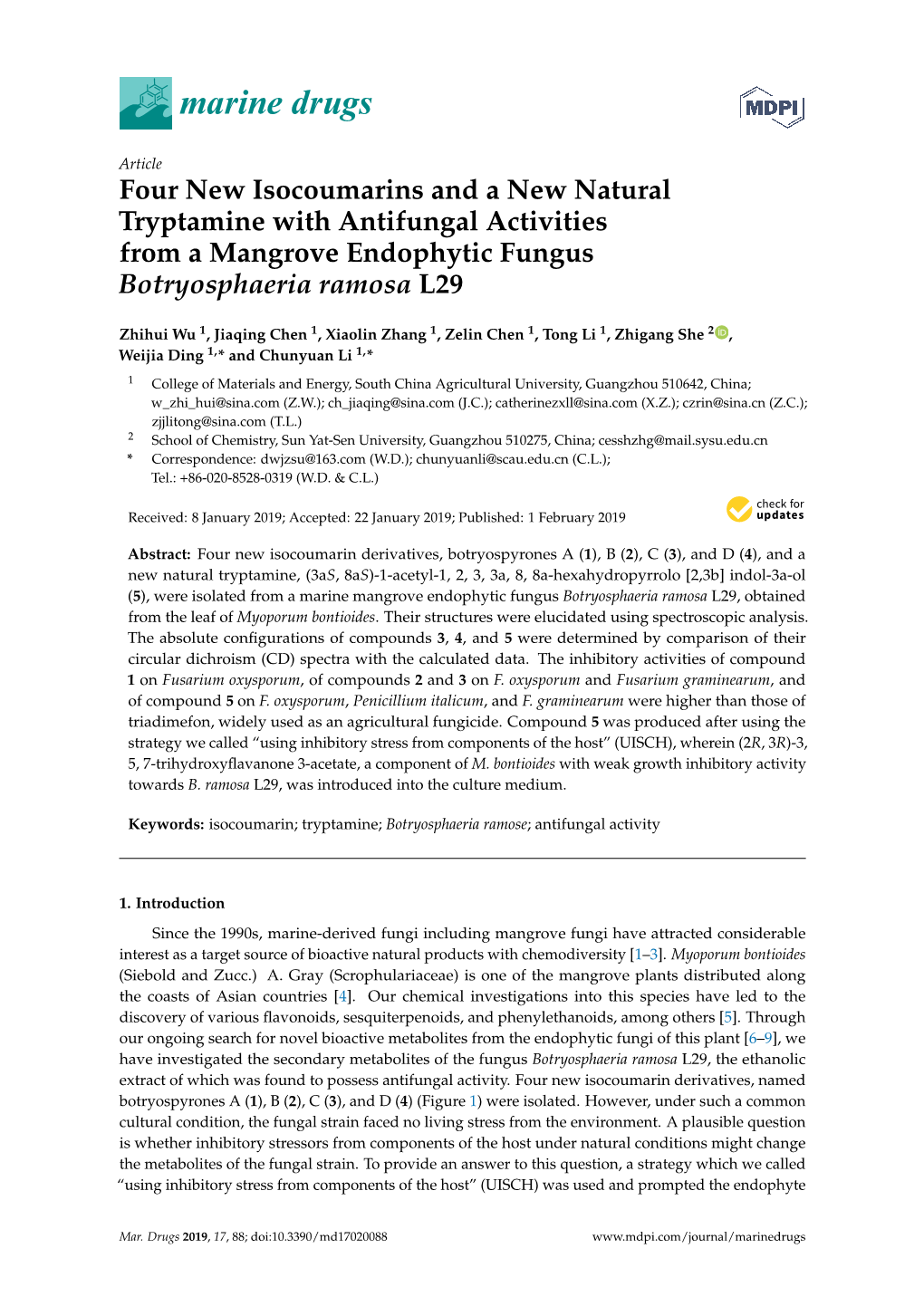 Four New Isocoumarins and a New Natural Tryptamine with Antifungal Activities from a Mangrove Endophytic Fungus Botryosphaeria Ramosa L29