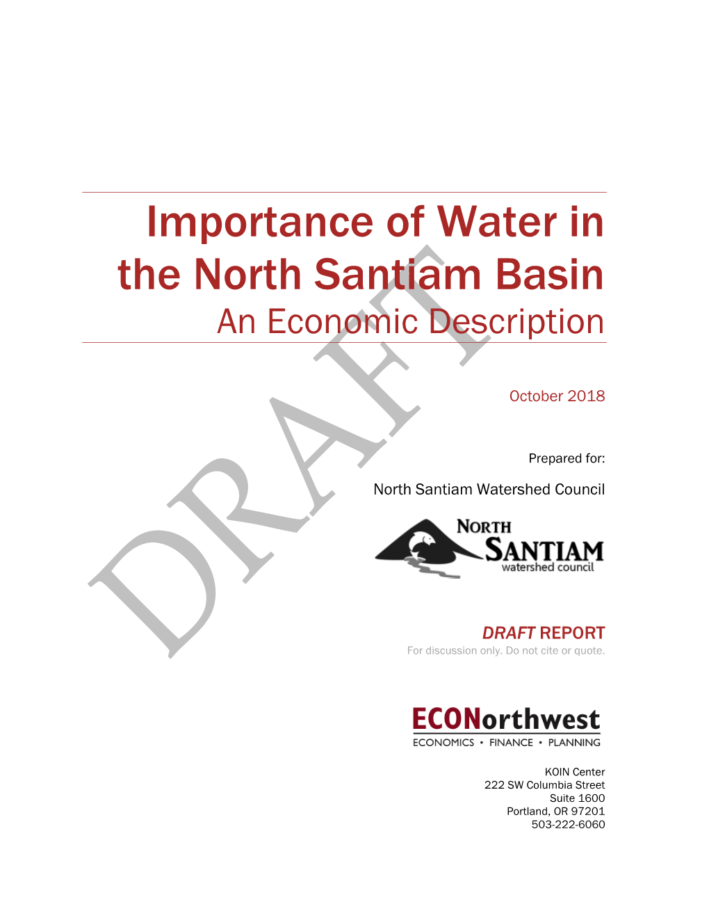 Importance of Water in the North Santiam Basin an Economic Description