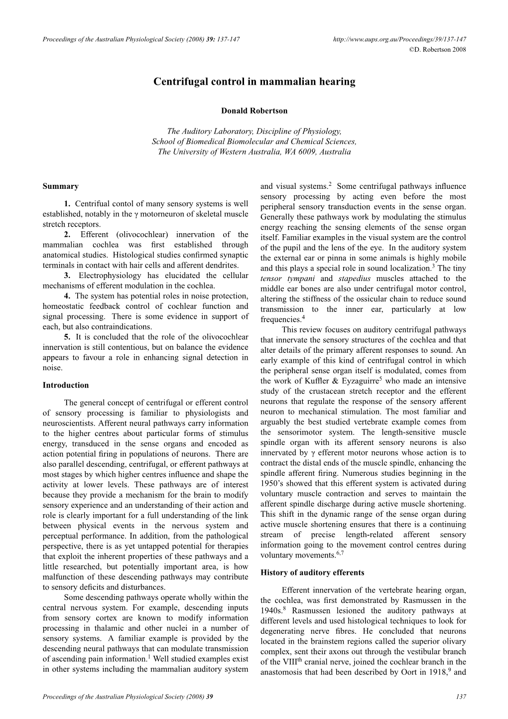 Centrifugal Control in Mammalian Hearing