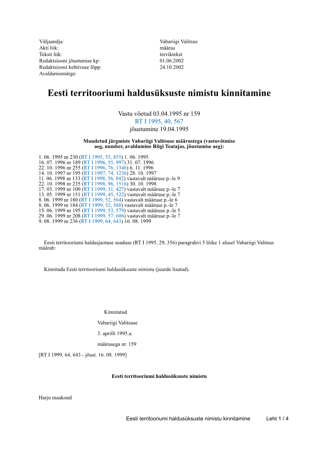 Eesti Territooriumi Haldusüksuste Nimistu Kinnitamine