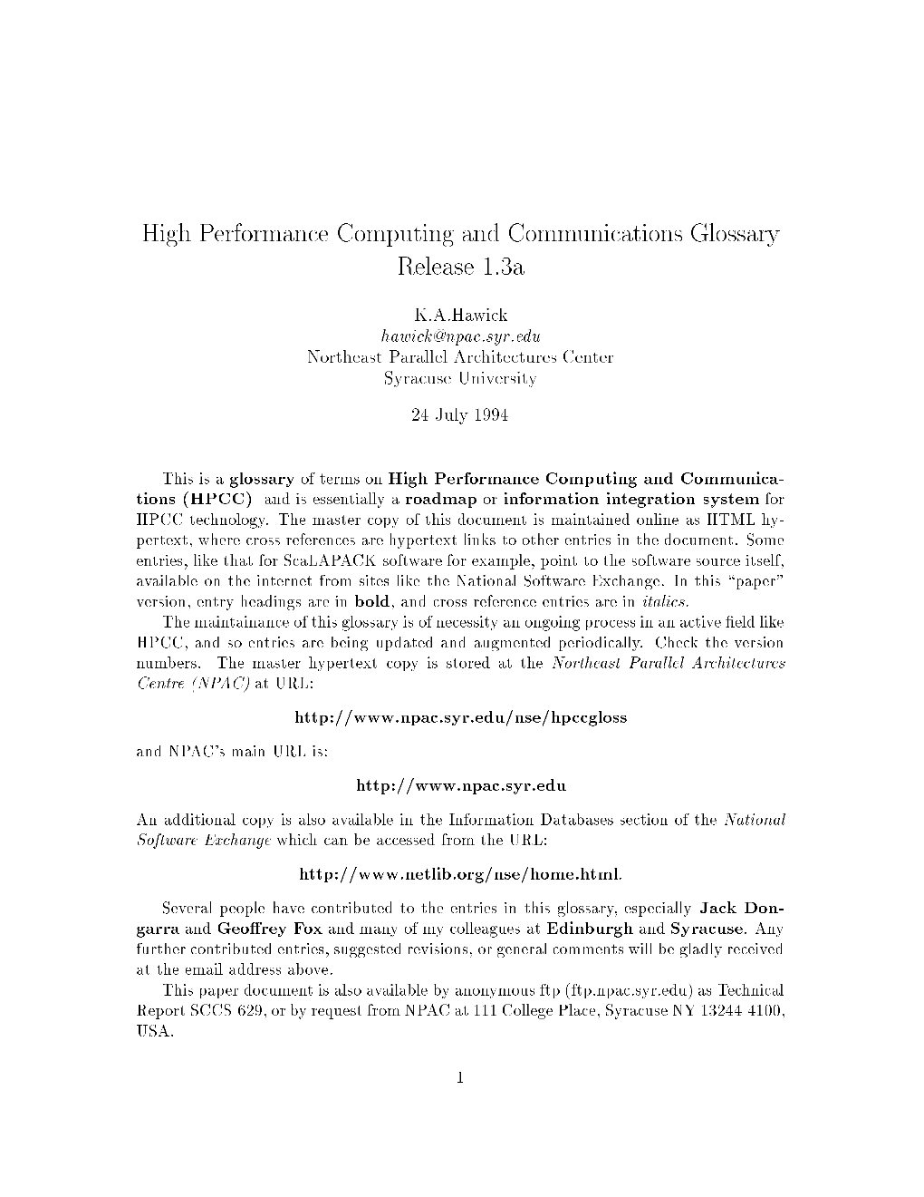 High Performance Computing and Communications Glossary Release