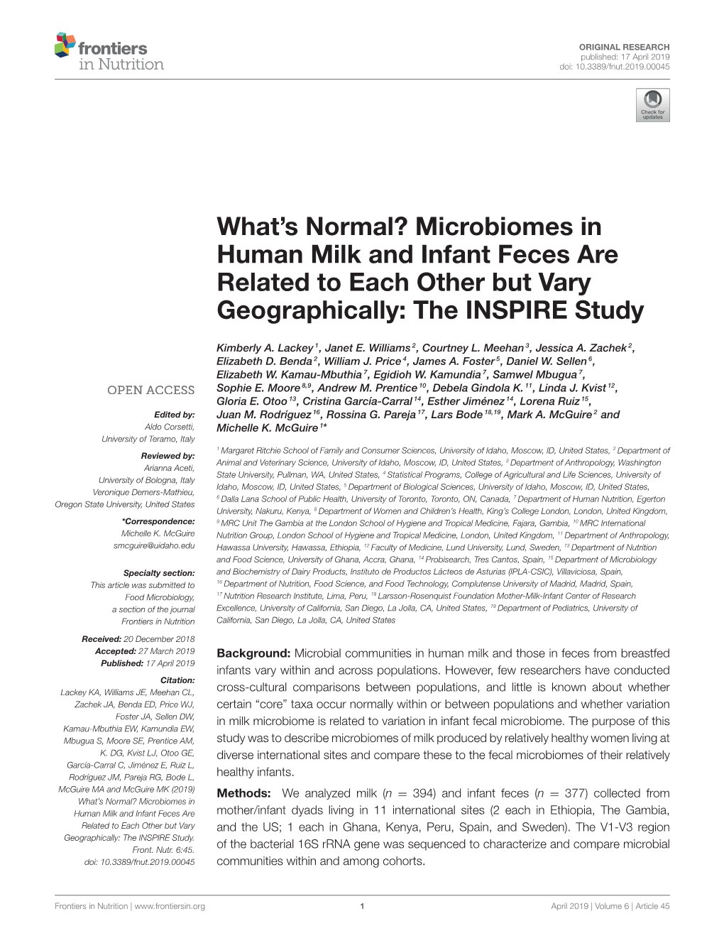 Microbiomes in Human Milk and Infant Feces Are Related to Each Other but Vary Geographically: the INSPIRE Study