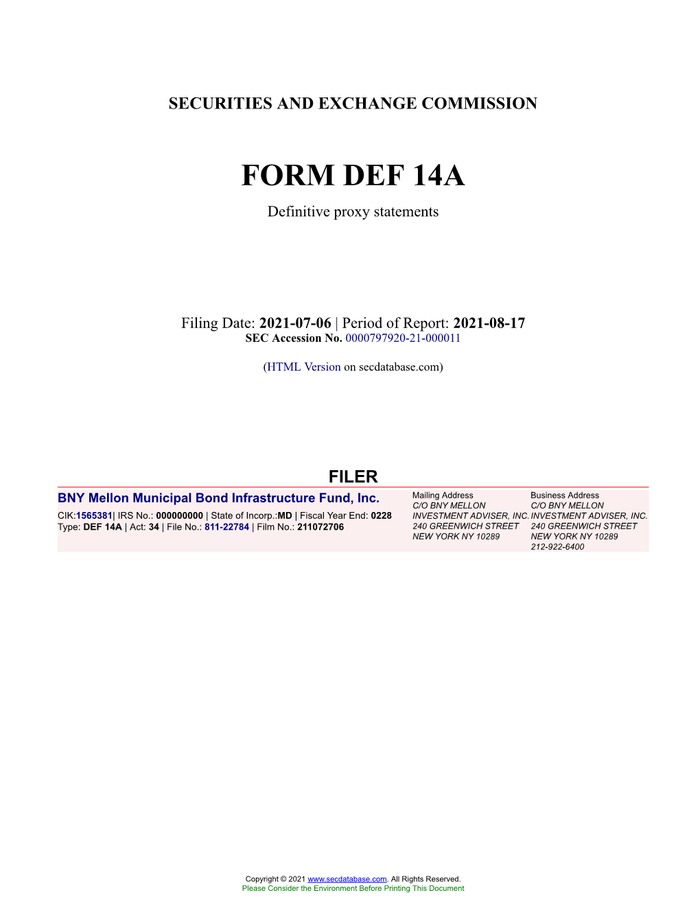 BNY Mellon Municipal Bond Infrastructure Fund, Inc. Form DEF 14A Filed 2021-07-06