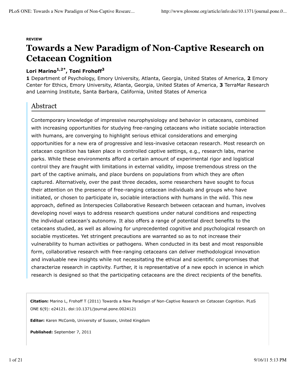 Towards a New Paradigm of Non-Captive Research on Cetacean Cognition