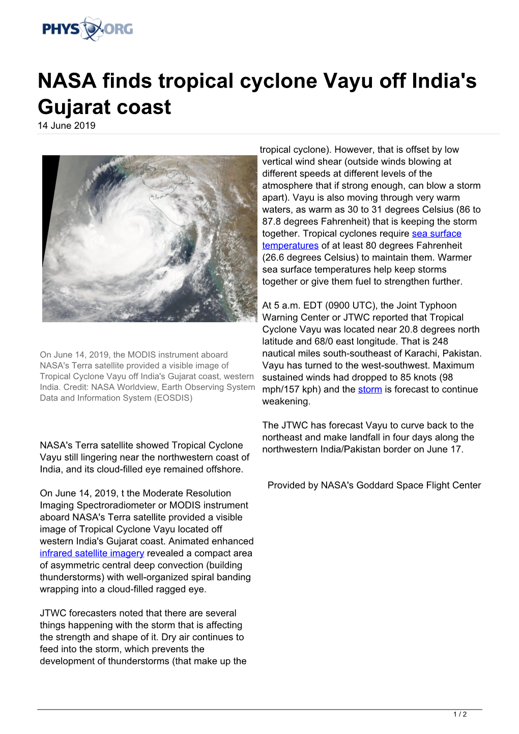 NASA Finds Tropical Cyclone Vayu Off India's Gujarat Coast 14 June 2019