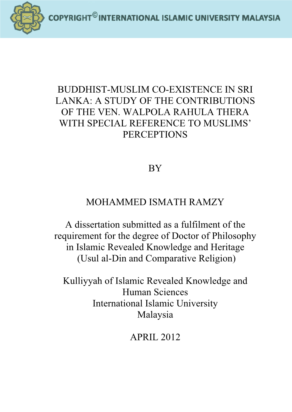 Buddhist-Muslim Co-Existence in Sri Lanka: a Study of the Contributions of the Ven