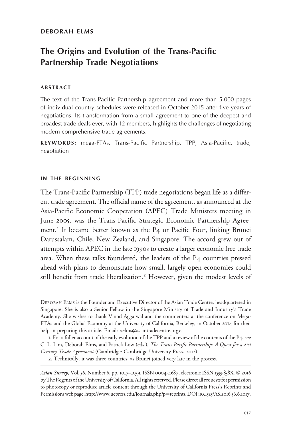 The Origins and Evolution of the Trans-Pacific Partnership Trade Negotiations