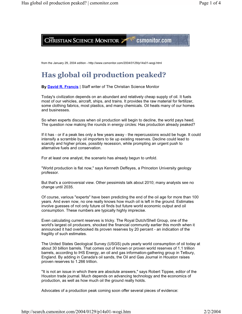 Has Global Oil Production Peaked? | Csmonitor.Com Page 1 of 4