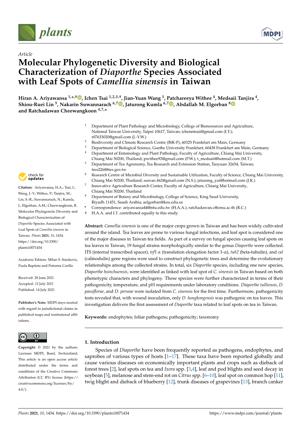 Molecular Phylogenetic Diversity and Biological Characterization of Diaporthe Species Associated with Leaf Spots of Camellia Sinensis in Taiwan