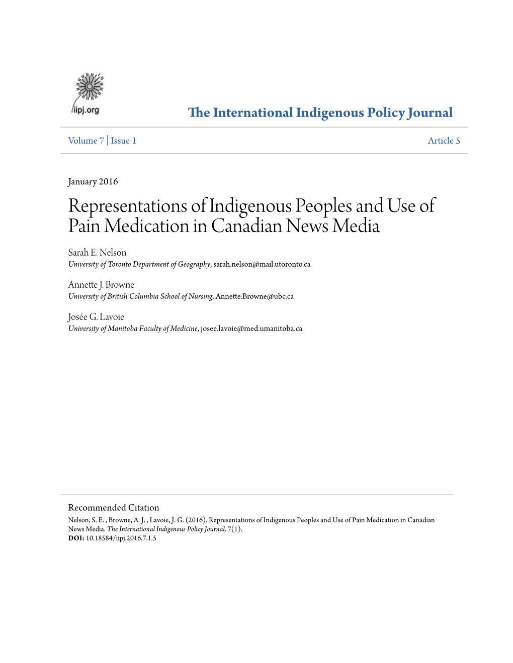 Representations of Indigenous Peoples and Use of Pain Medication in Canadian News Media Sarah E