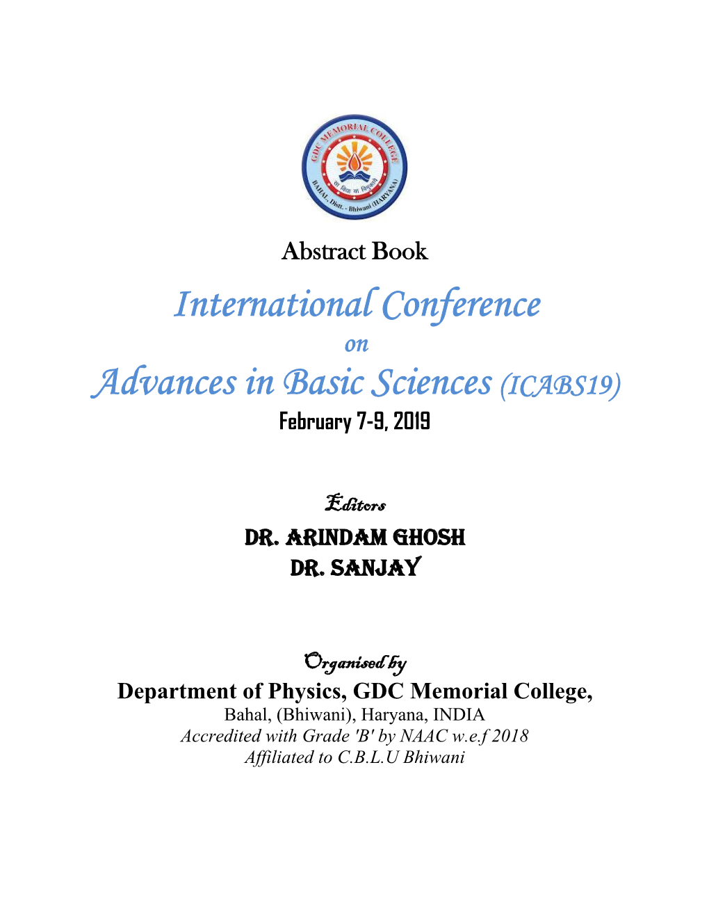 Advances in Basic Sciences (ICABS19) February 7-9, 2019