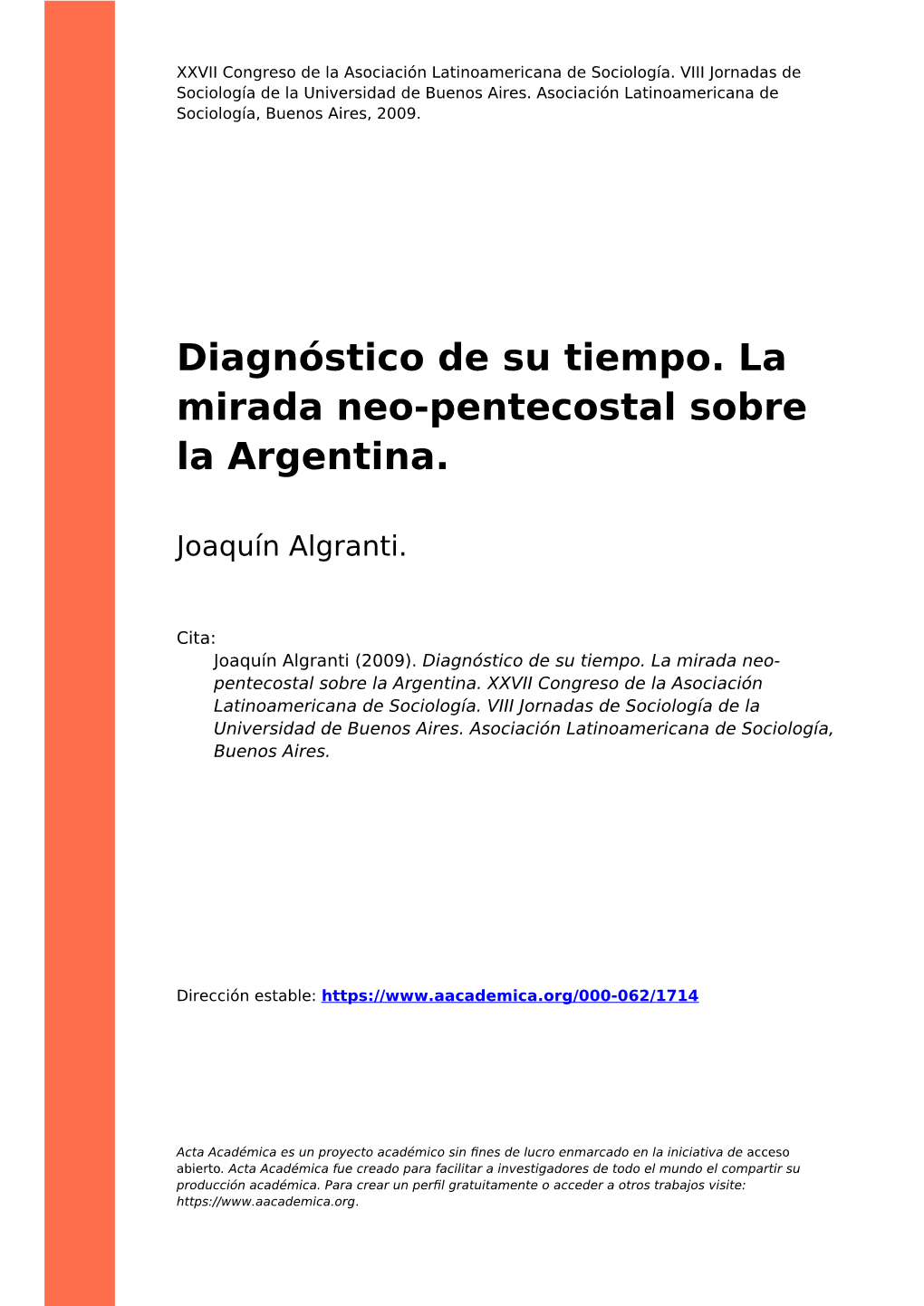 Diagnóstico De Su Tiempo. La Mirada Neo-Pentecostal Sobre La Argentina