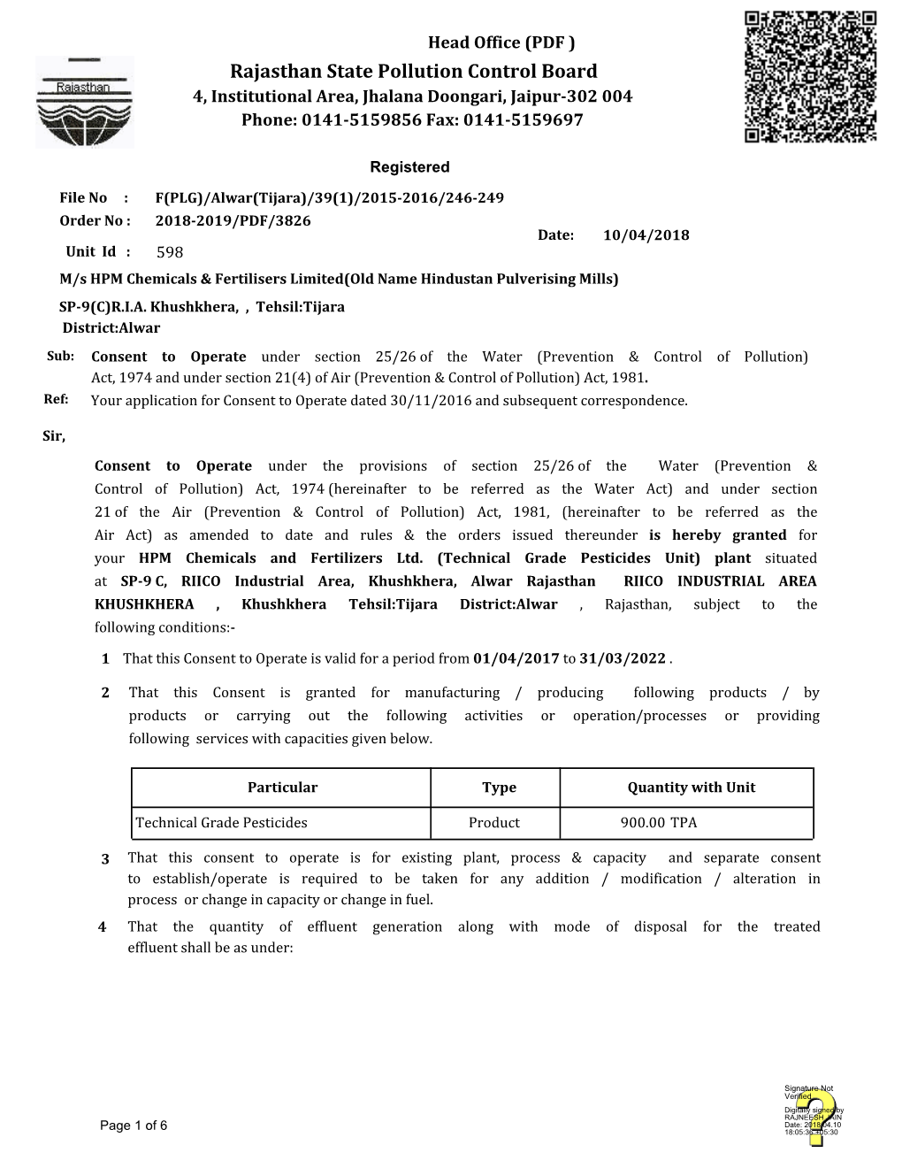 Rajasthan State Pollution Control Board 4, Institutional Area, Jhalana Doongari, Jaipur-302 004 Phone: 0141-5159856 Fax: 0141-5159697