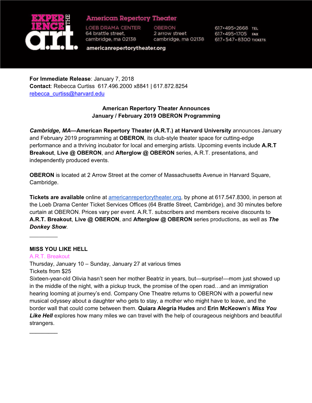 For Immediate Release: January 7, 2018 Contact: Rebecca Curtiss 617.496.2000 X8841 | 617.872.8254 Rebecca Curtiss@Harvard.Edu