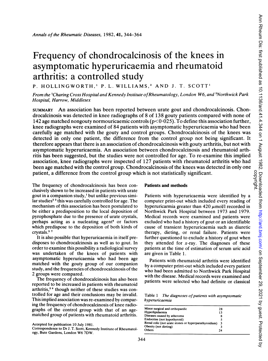 Frequency of Chondrocalcinosis of the Knees in Asymptomatic Hyperuricaemia and Rheumatoid Arthritis: a Controlled Study P