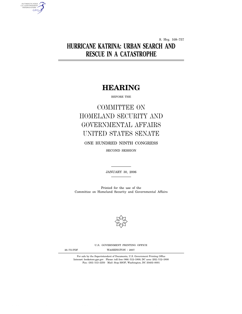 Hurricane Katrina: Urban Search and Rescue in a Catastrophe Hearing