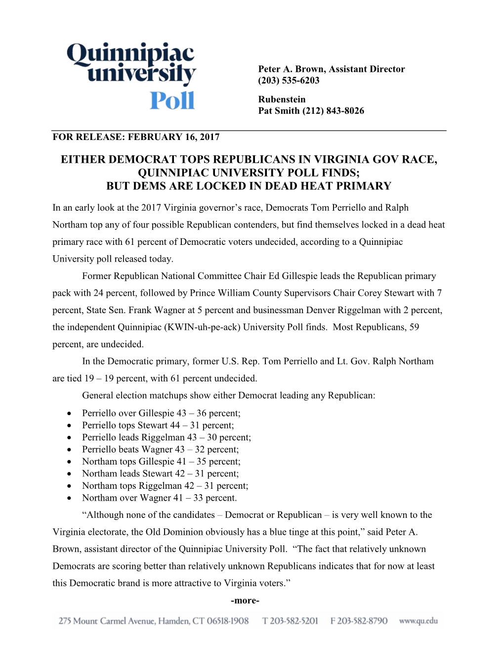 Either Democrat Tops Republicans in Virginia Gov Race, Quinnipiac University Poll Finds; but Dems Are Locked in Dead Heat Primary