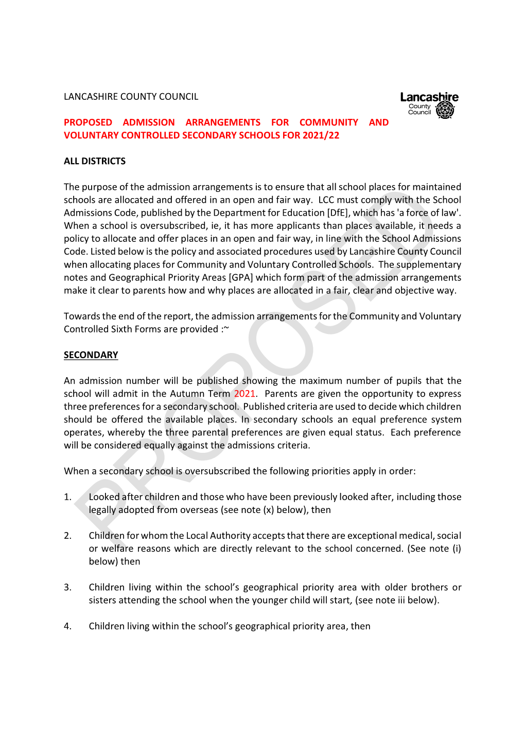 Proposed Admission Arrangements for Community and Voluntary Controlled Secondary Schools for 2021/22