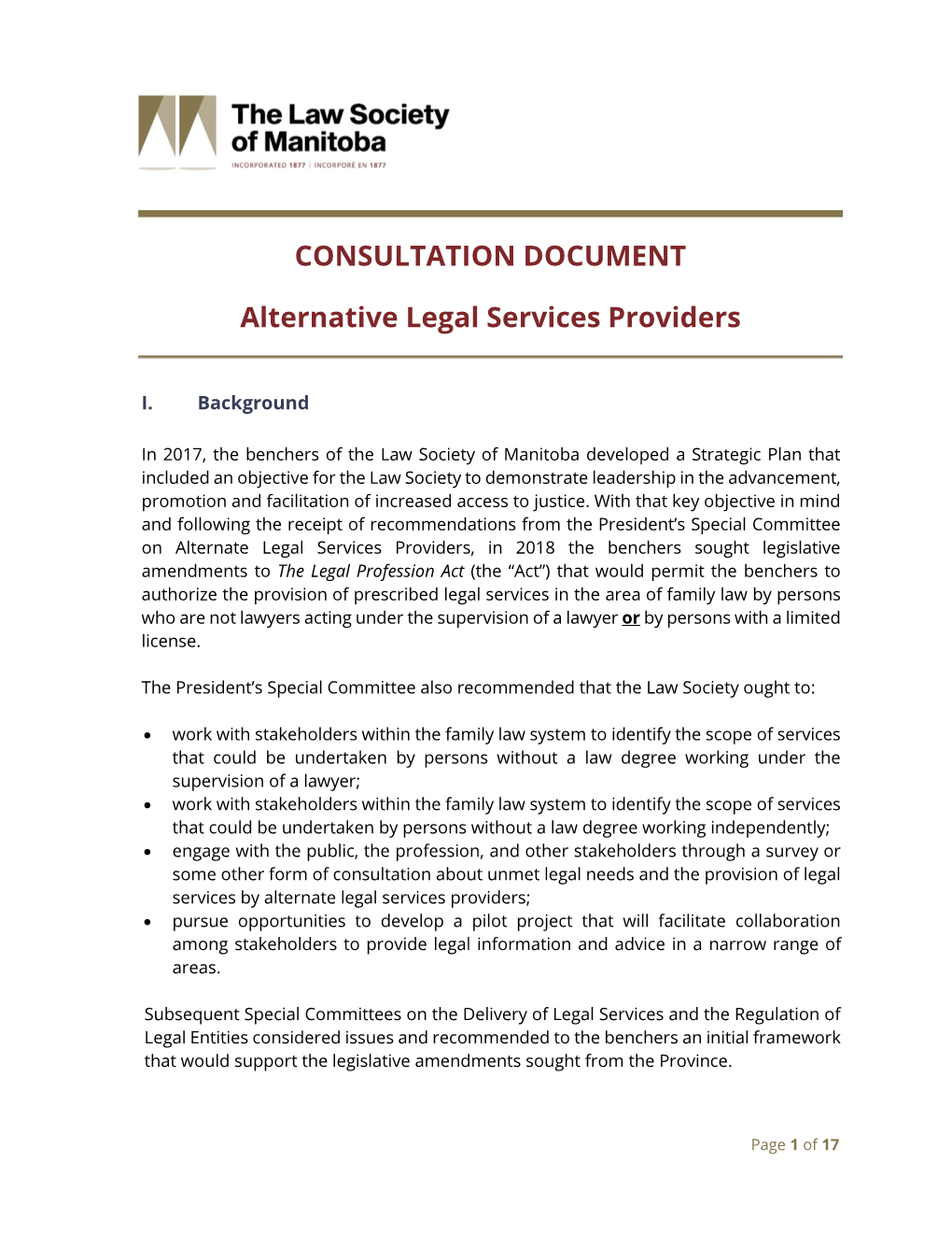 CONSULTATION DOCUMENT Alternative Legal Services Providers