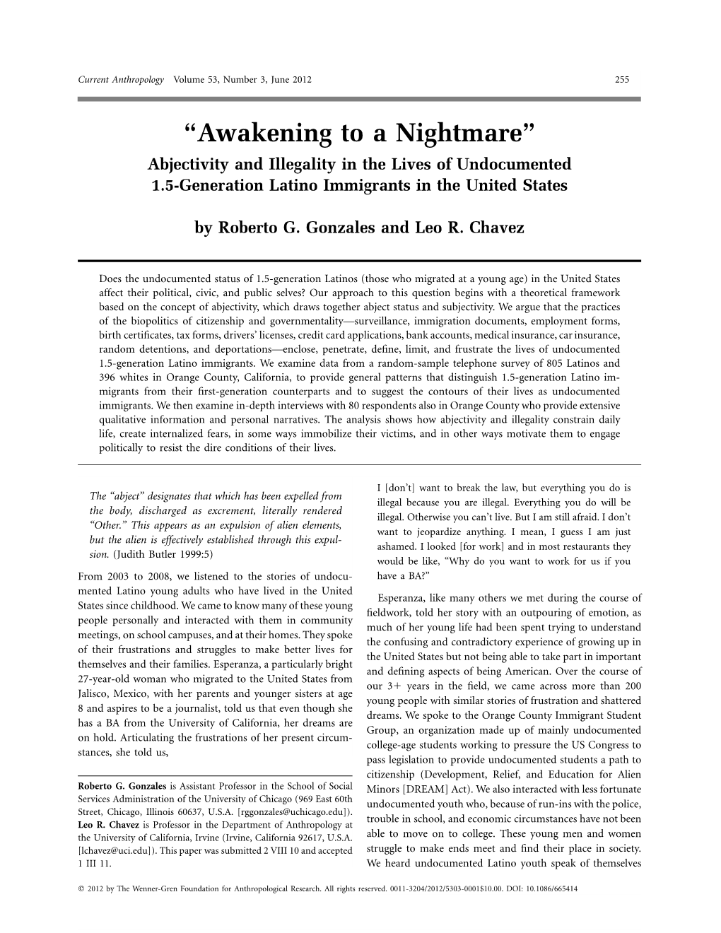 Abjectivity and Illegality in the Lives of Undocumented 1.5-Generation Latino Immigrants in the United States