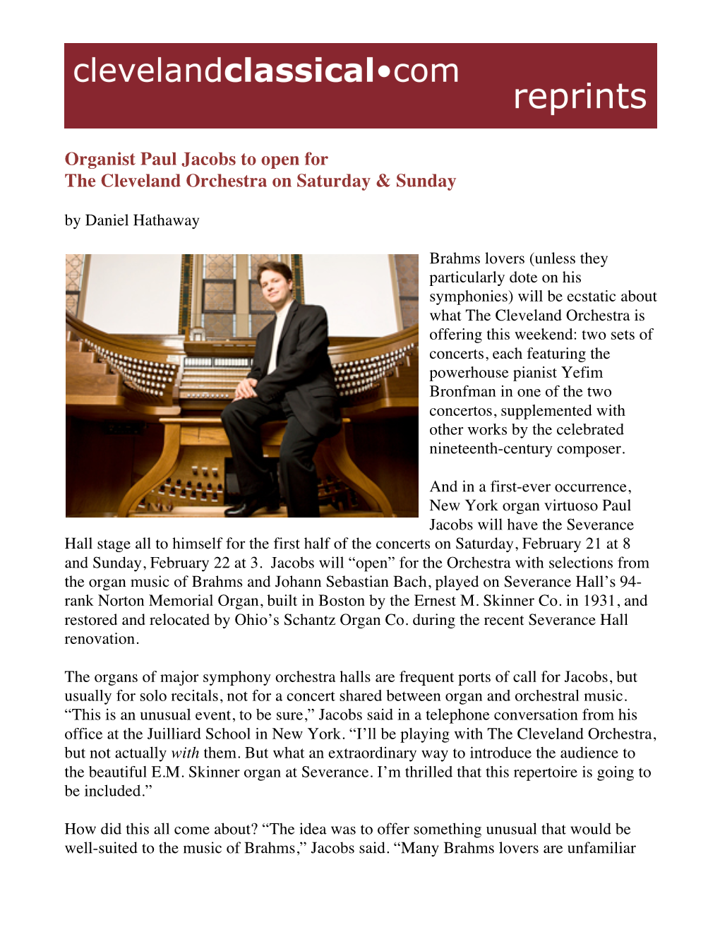Organist Paul Jacobs to Open for the Cleveland Orchestra on Saturday & Sunday by Daniel Hathaway
