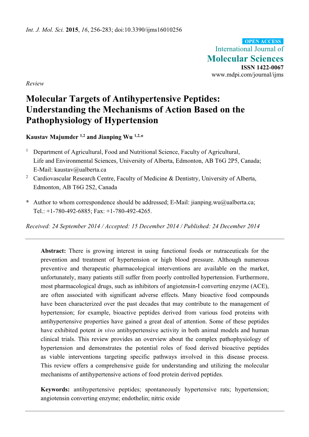 Molecular Targets of Antihypertensive Peptides: Understanding the Mechanisms of Action Based on the Pathophysiology of Hypertension