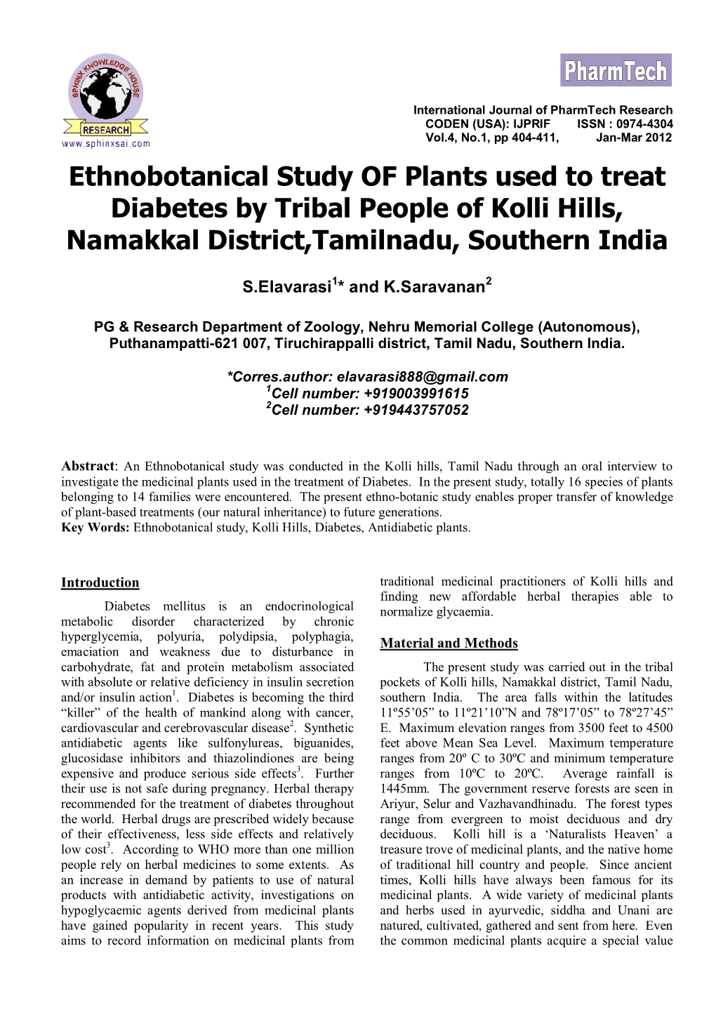 Ethnobotanical Study of Plants Used to Treat Diabetes by Tribal People of Kolli Hills, Namakkal District,Tamilnadu, Southern India