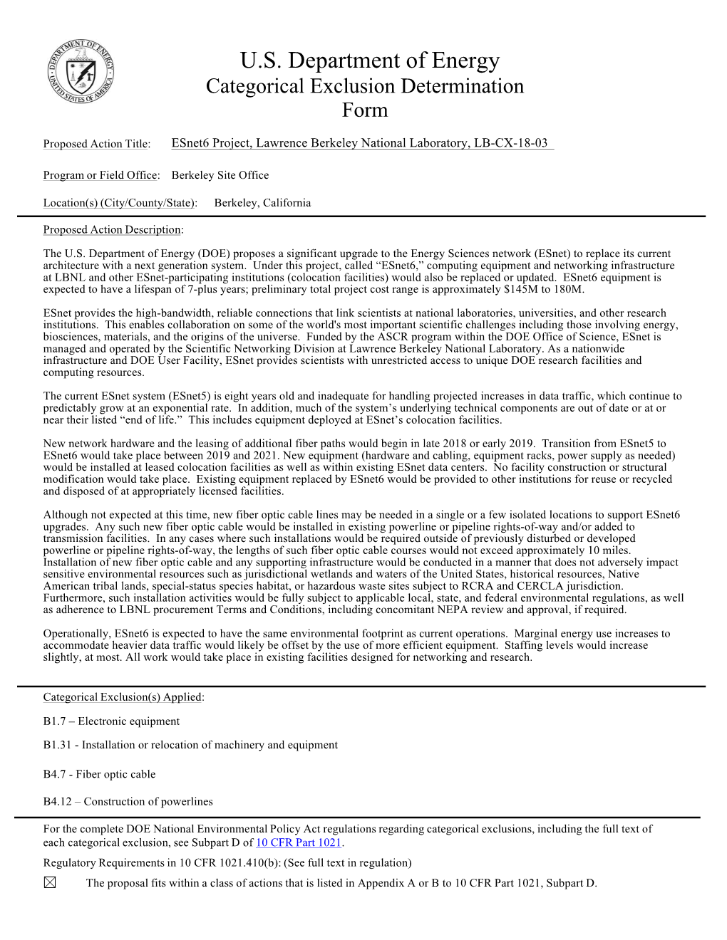 U.S. Department of Energy Categorical Exclusion Determination Form