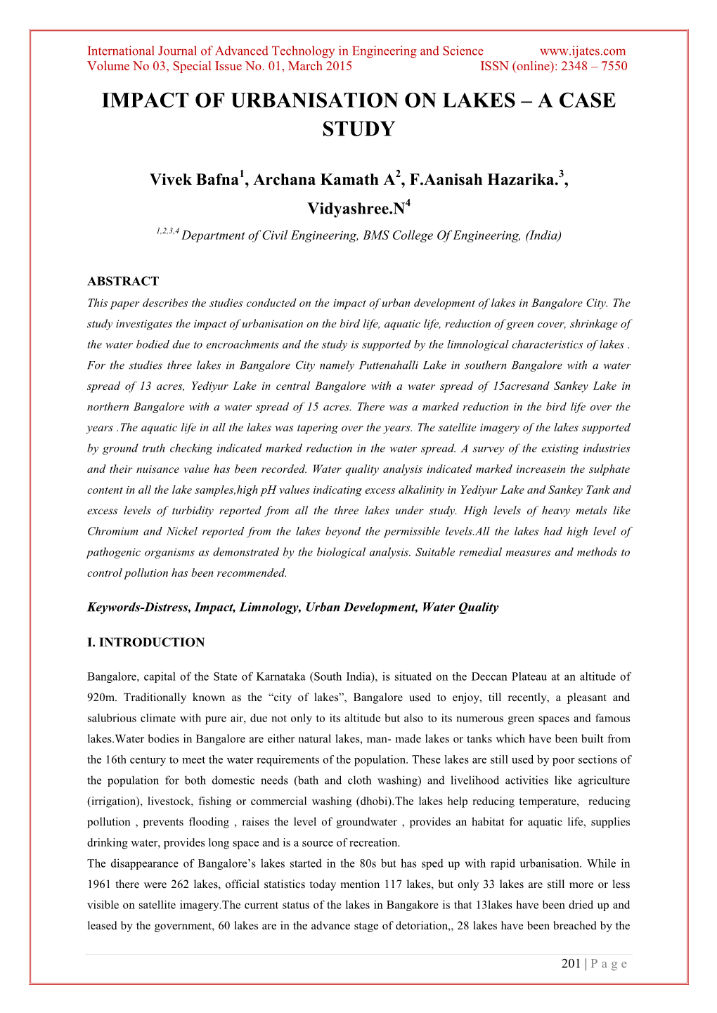 Impact of Urbanisation on Lakes – a Case Study