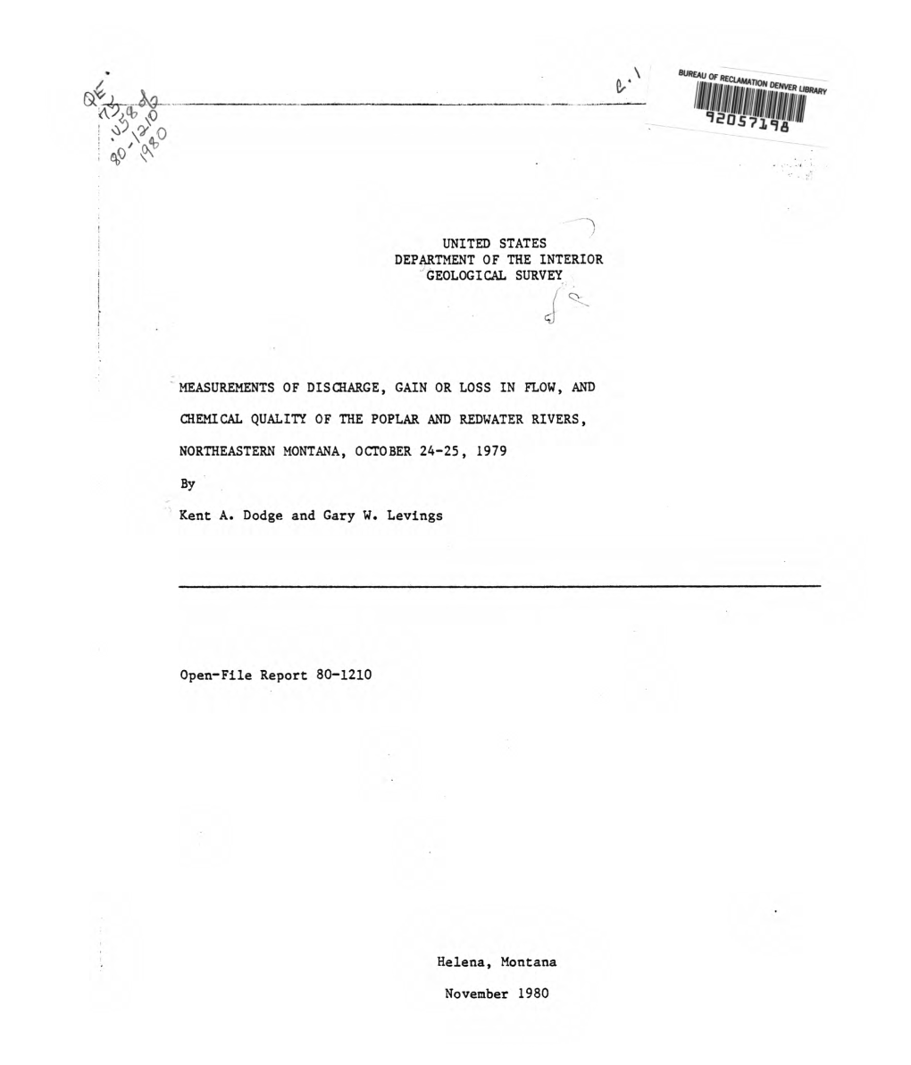 Measurements of Discharge, Gain Or Loss in Flow, and Chemical Quality Of