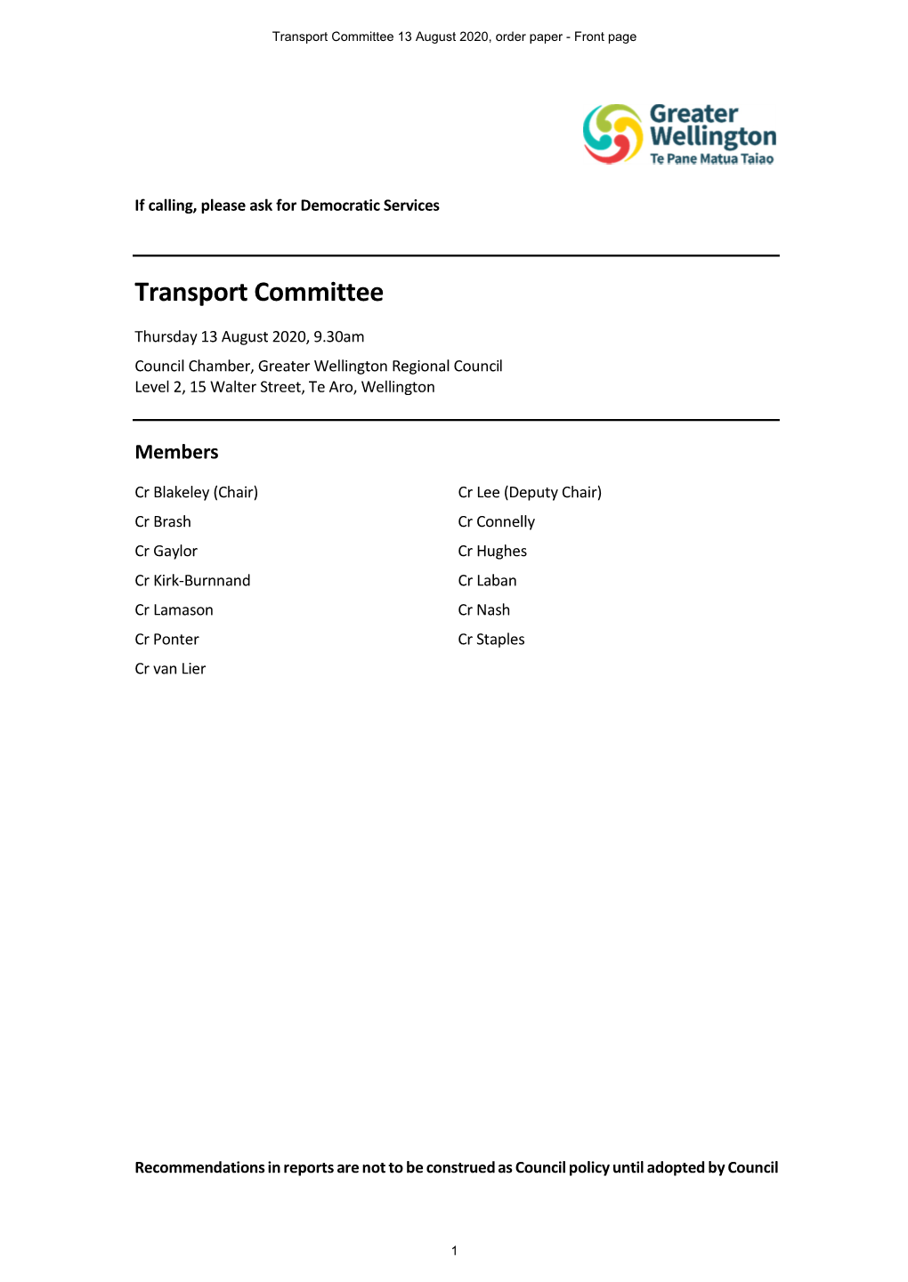 Transport Committee 13 August 2020, Order Paper - Front Page