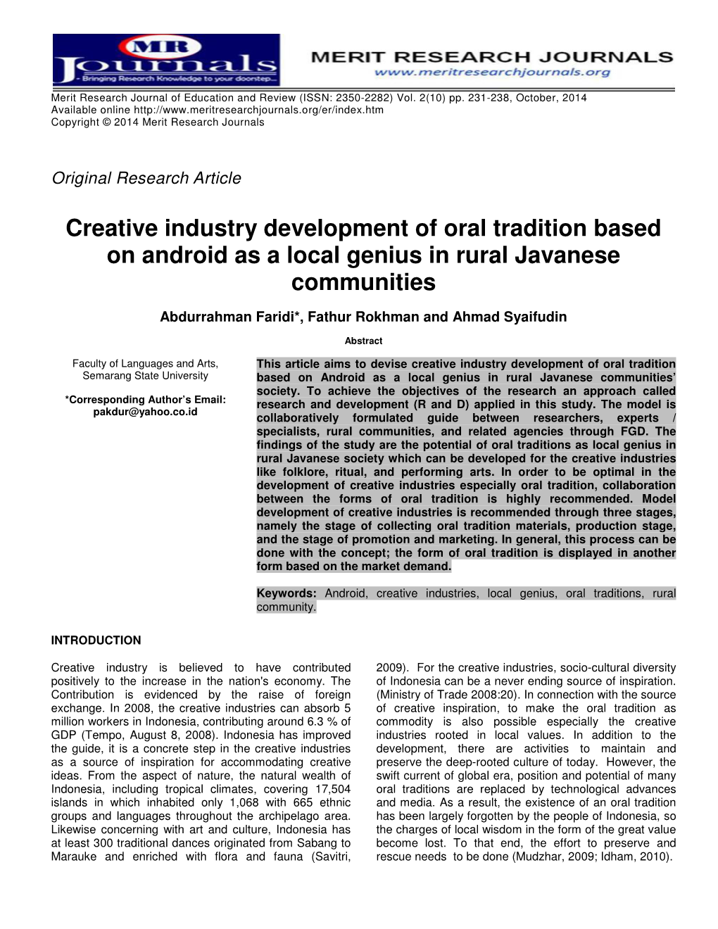 Creative Industry Development of Oral Tradition Based on Android As a Local Genius in Rural Javanese Communities