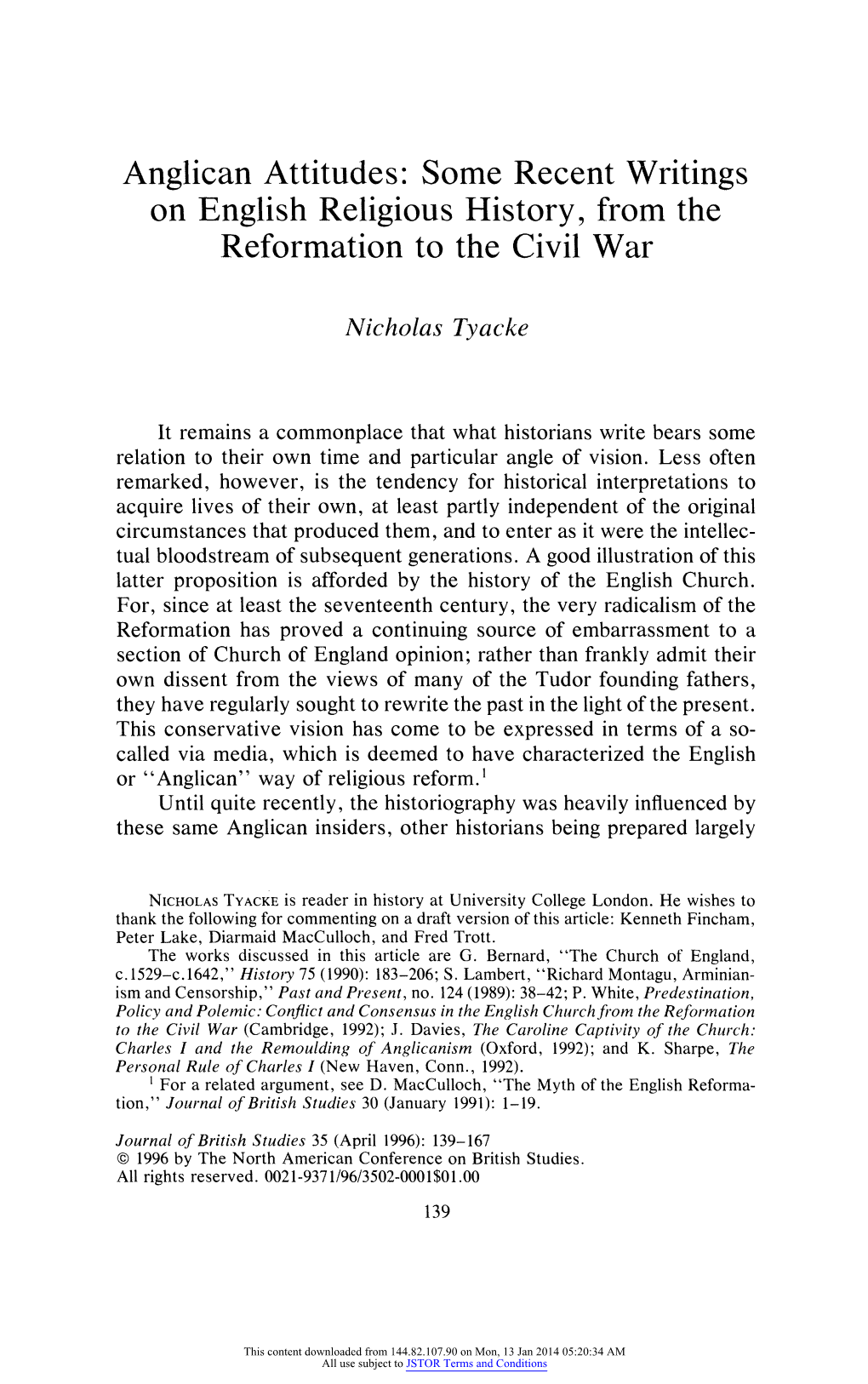 Anglican Attitudes: Some Recent Writings on English Religious History, from the Reformation to the Civil War