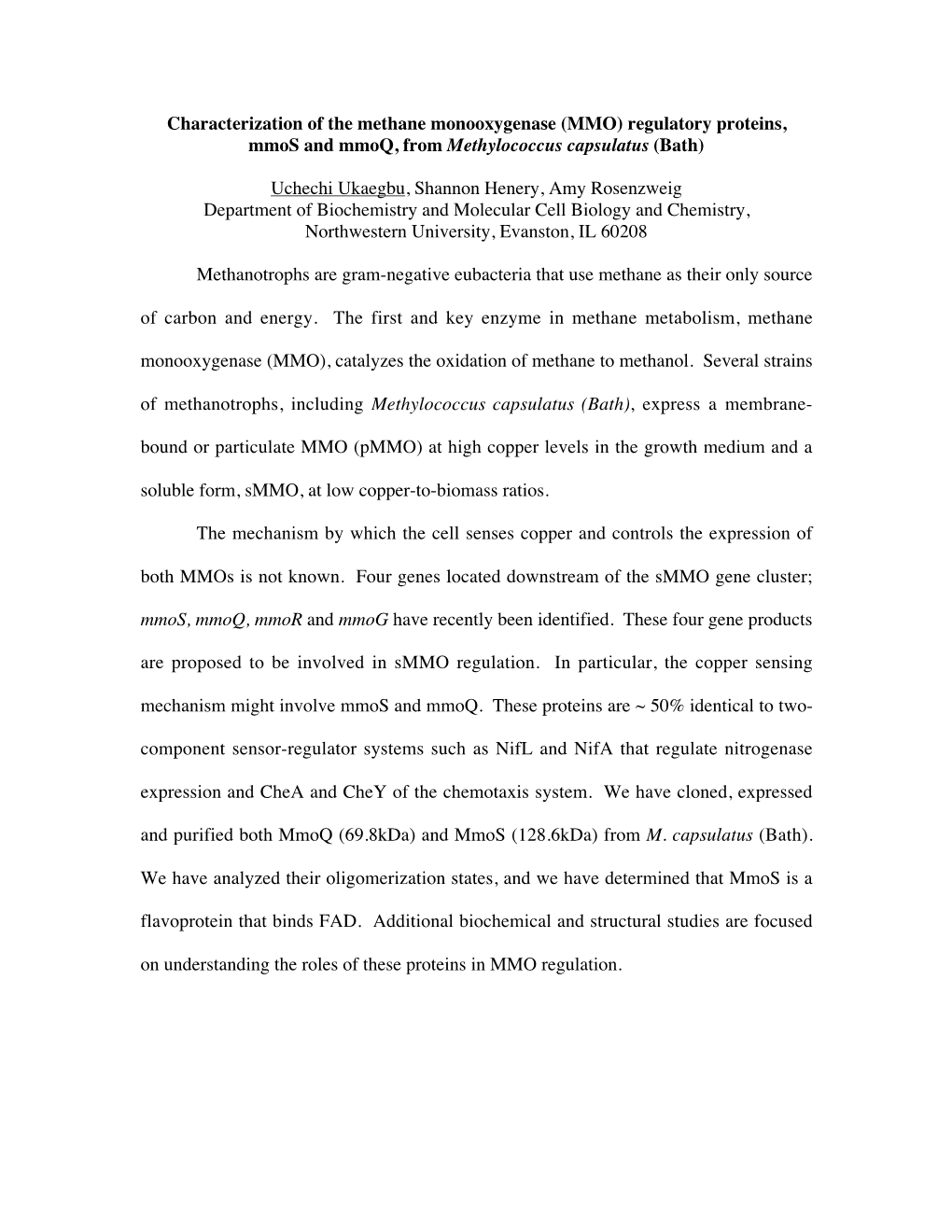 MMO) Regulatory Proteins, Mmos and Mmoq, from Methylococcus Capsulatus (Bath