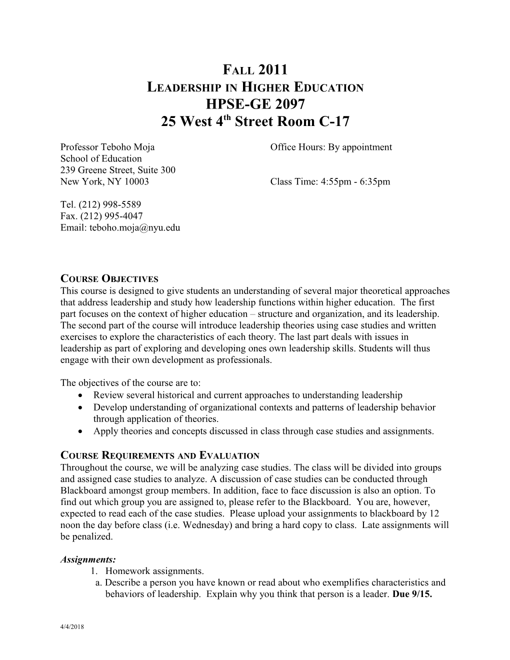 Leadership in Higher Education HPSE-GE 2097